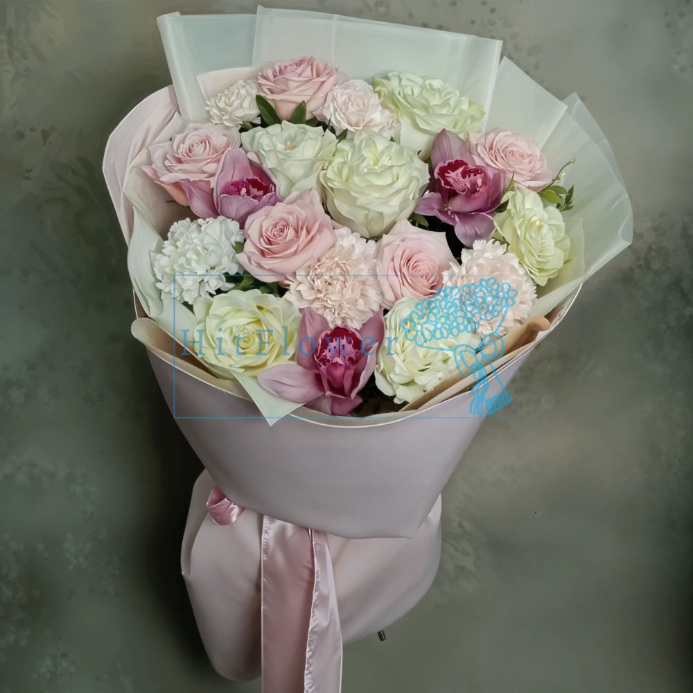 Букет цветов Утренний Вальс Букет цветов из: Розы, Гвоздики и Орхидеи